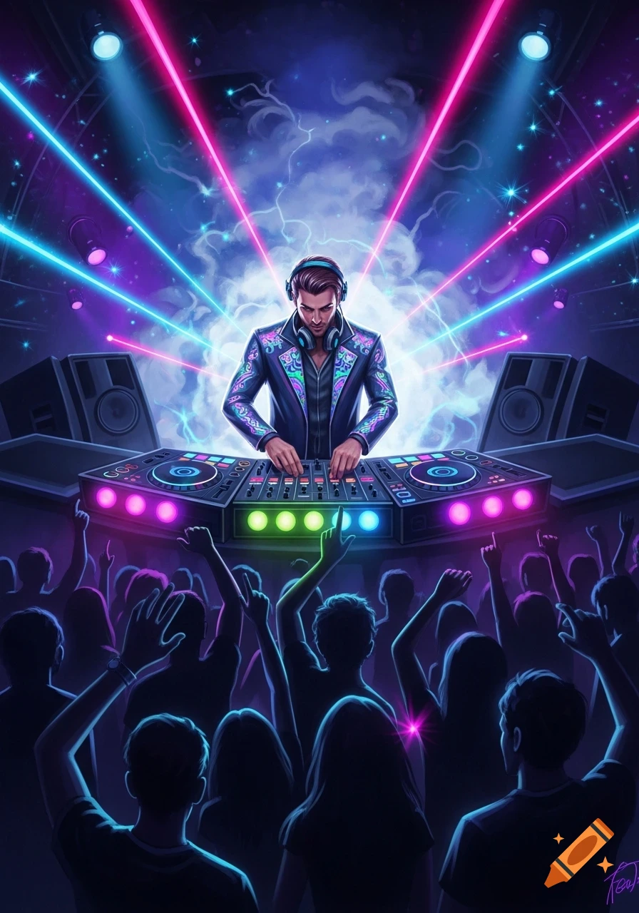A DJ with headphones performs at a lively club, surrounded by a silhouetted crowd and vibrant neon pink and blue laser lights.