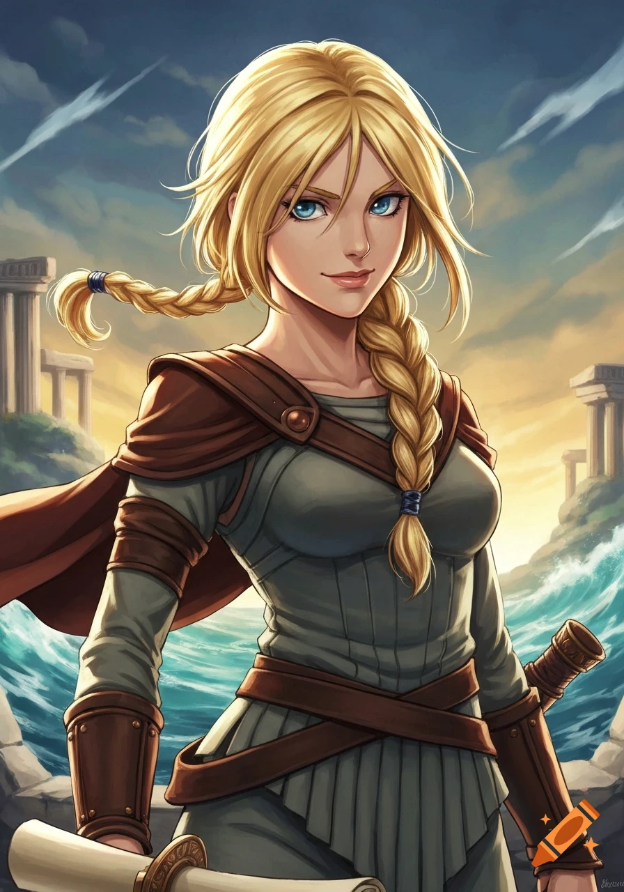 Anime portrait of a blonde woman with braided hair, wearing armor and a cape, holding a scroll, with ruins and a stormy sea in the background.