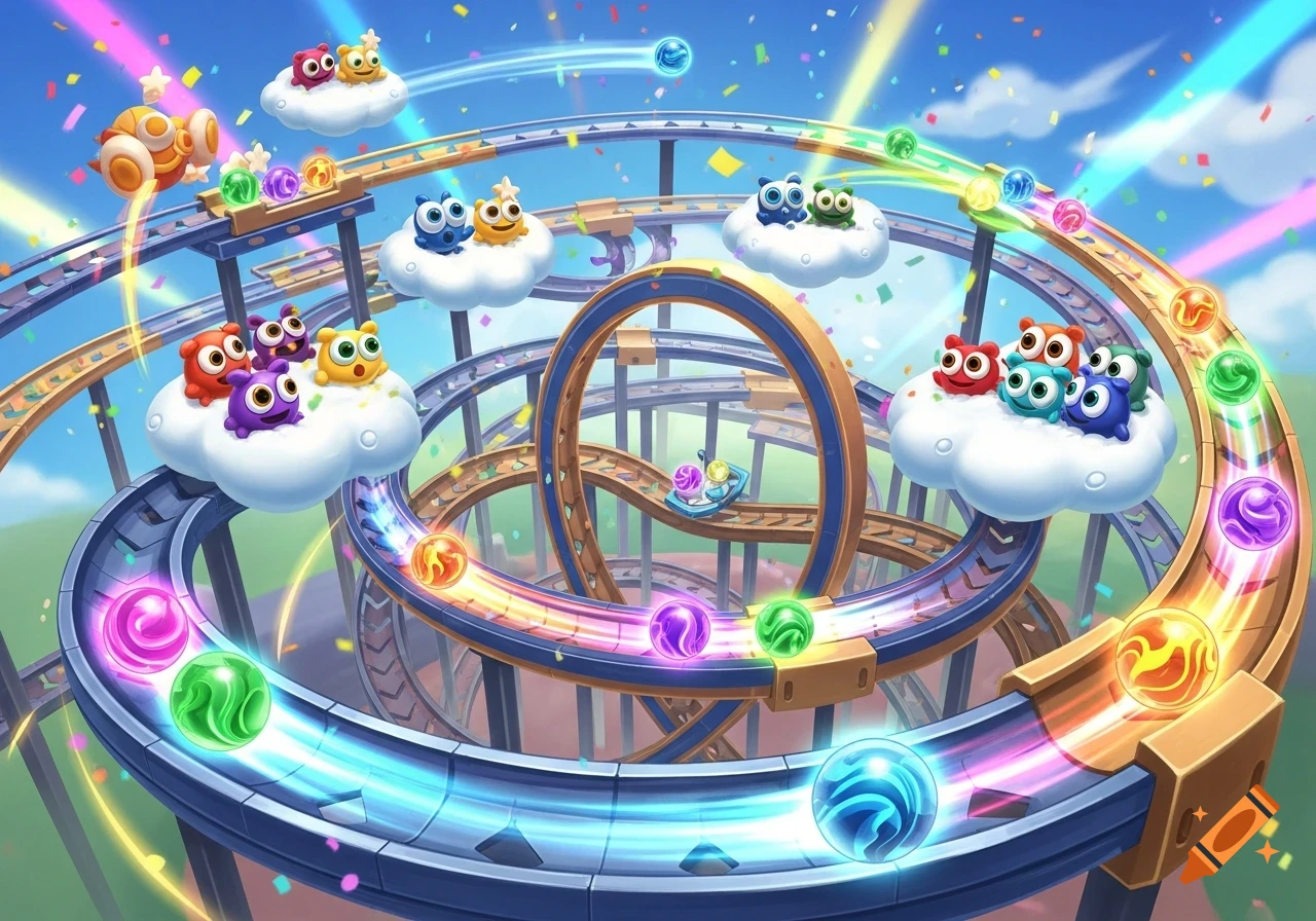 A vibrant cartoon marble track game with colorful marbles, cute owl-like characters on clouds, and rainbow light trails in a bright sky.