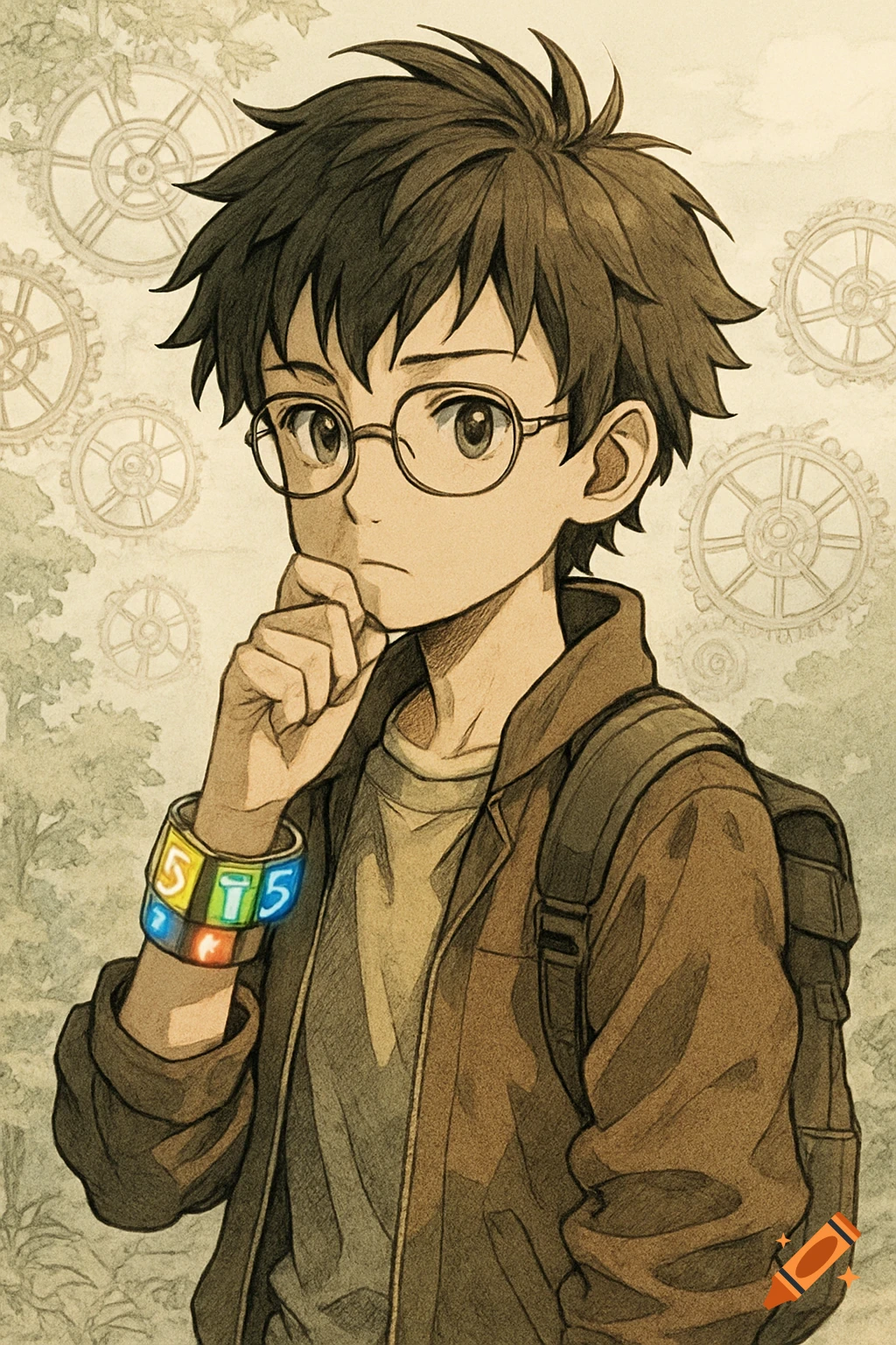 An anime-style boy with glasses, a backpack, and a modular bracelet displaying symbols, against a background of gears and leaves.