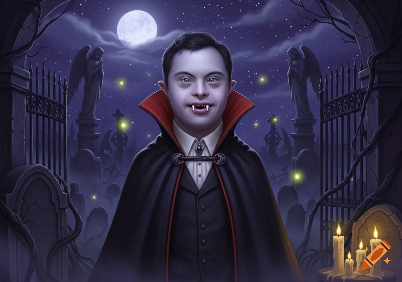A person with Down syndrome dressed as a vampire, with fangs and a cape, stands in a misty graveyard under a full moon.