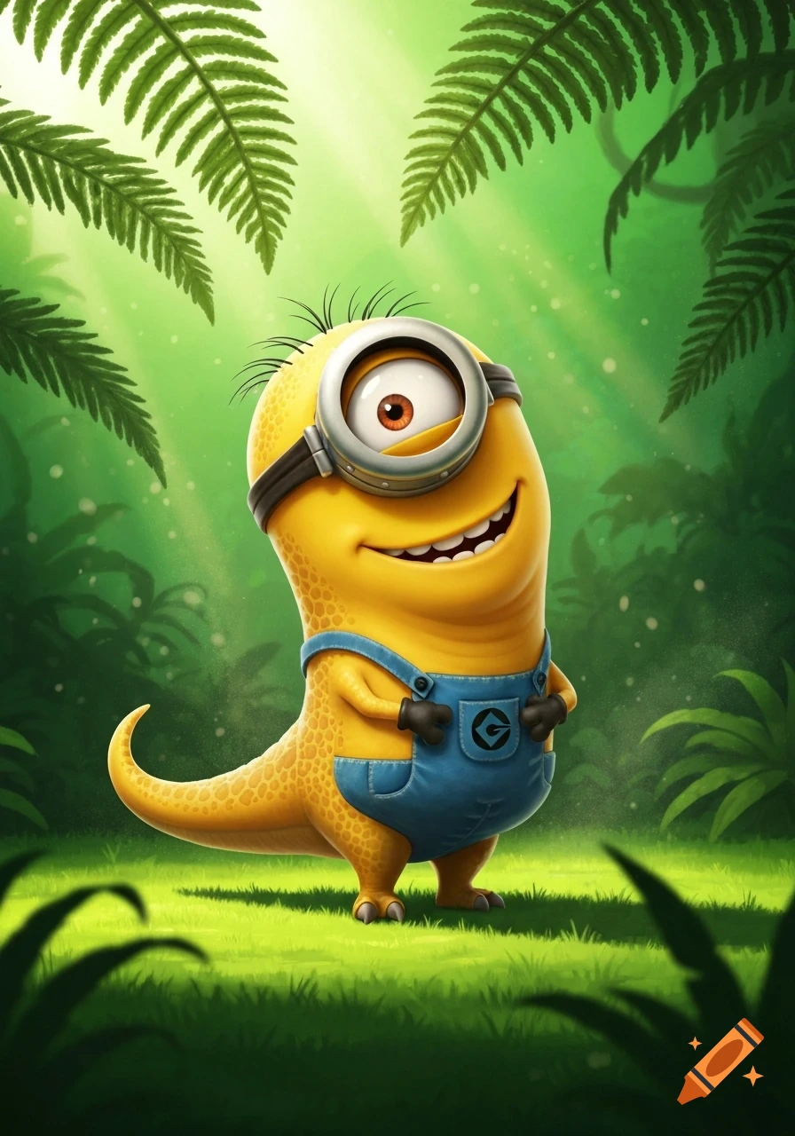A yellow Minion with dinosaur skin and a tail, wearing blue overalls and goggles, stands smiling in a vibrant green jungle.