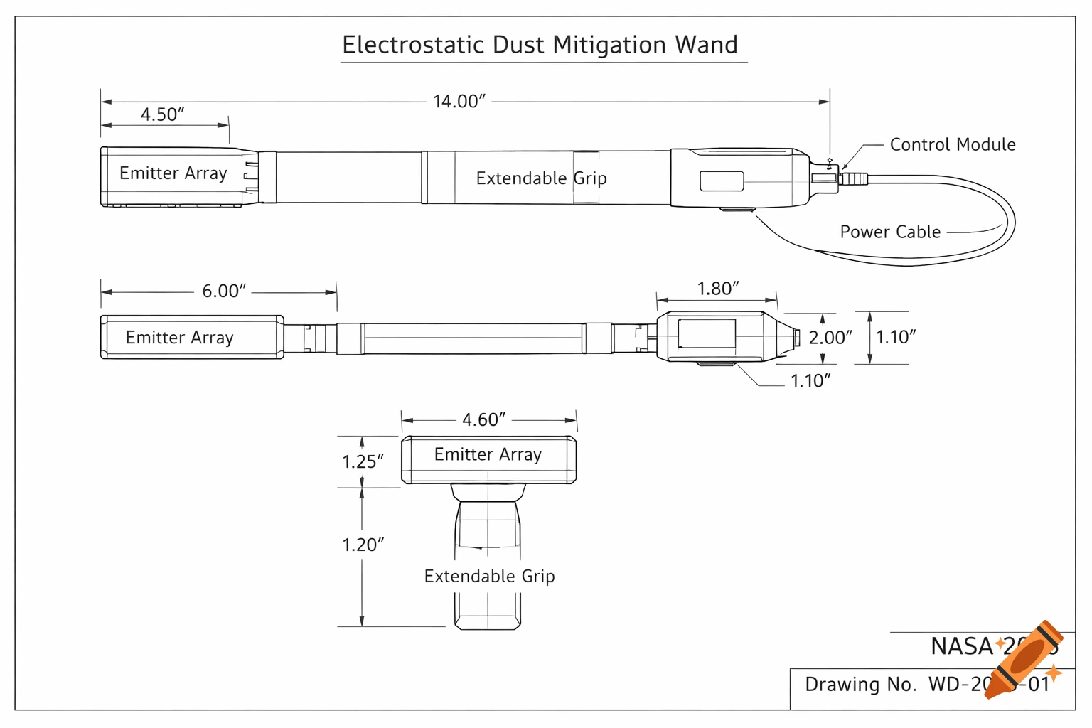 2D engineering blueprint of an electrostatic dust mitigation wand with detailed dimensions and labels, NASA 2026.