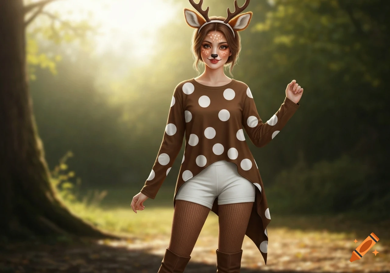 A young woman in a deer costume, with a brown polka-dot shirt, white shorts, and boots, stands in a sunlit forest.