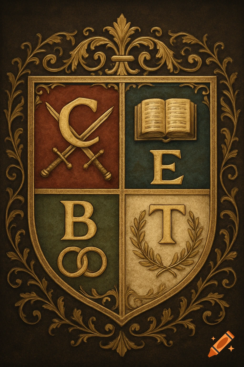 An ornate vintage gold house crest with letters C, E, B, T, crossed swords, an open book, and olive branches in four quadrants.