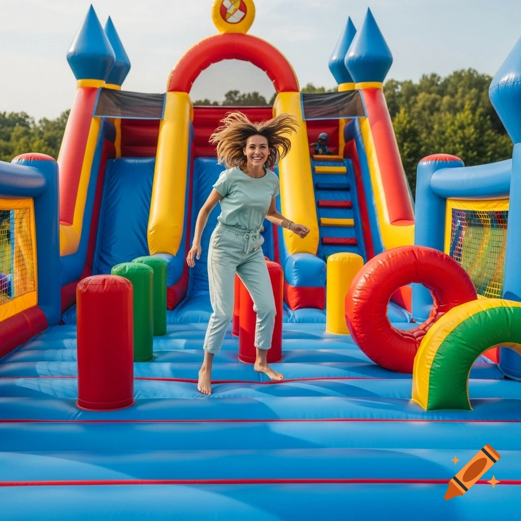 A barefoot woman jumps with a wide smile on a colorful bouncy castle with slides and obstacles under a clear sky.