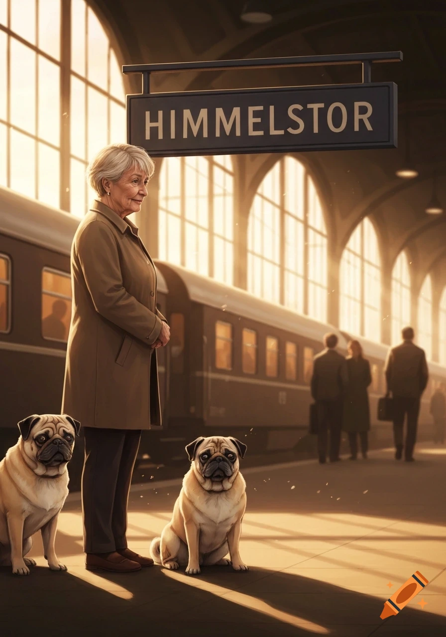 Elderly woman with two pugs on a train platform under a sign reading 'HIMMELSTOR' at golden hour.