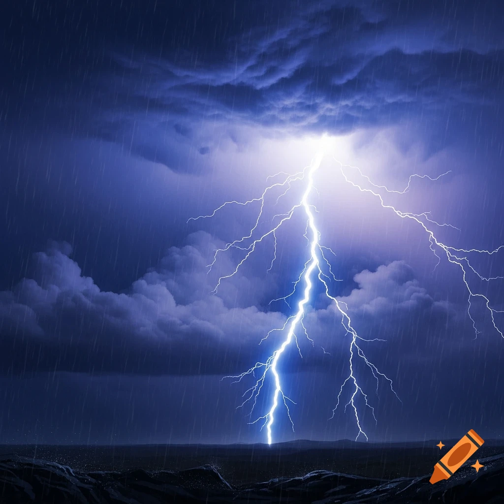 A powerful lightning bolt strikes down from dark, ominous storm clouds during a heavy rain shower.