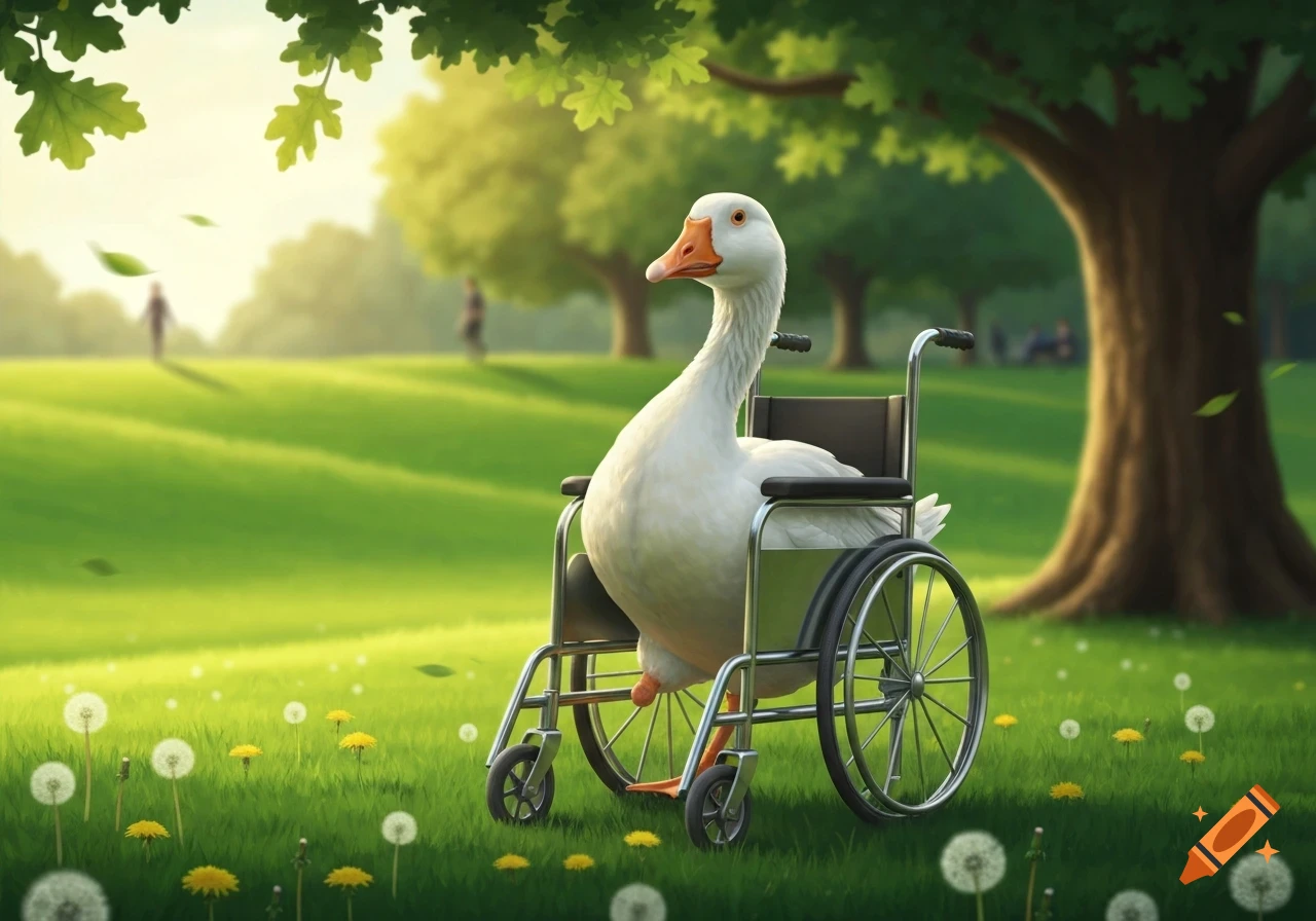 A whimsical illustrated white goose sits in a wheelchair in a sunny green park filled with dandelions.