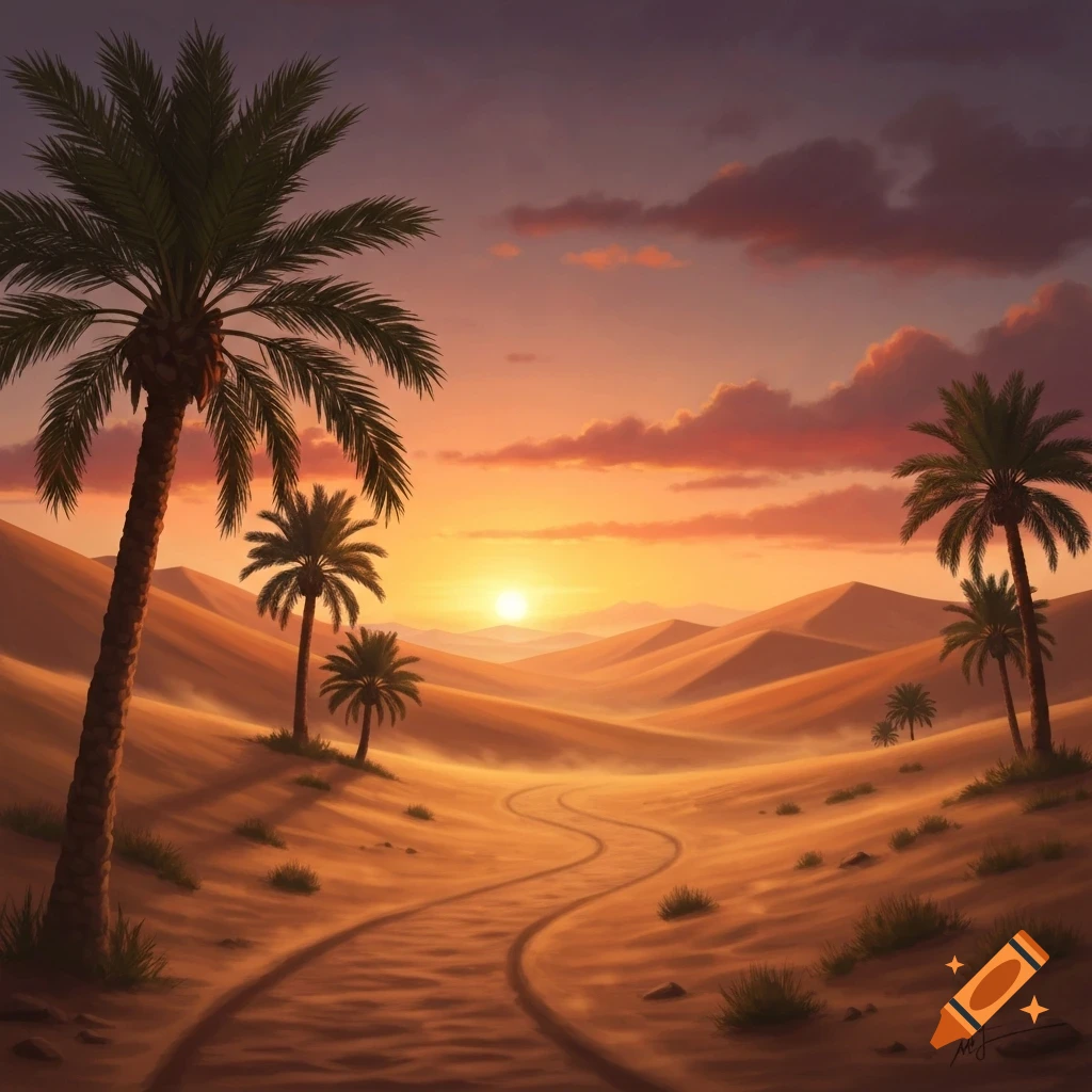 A serene desert landscape at sunset, featuring towering palm trees ...