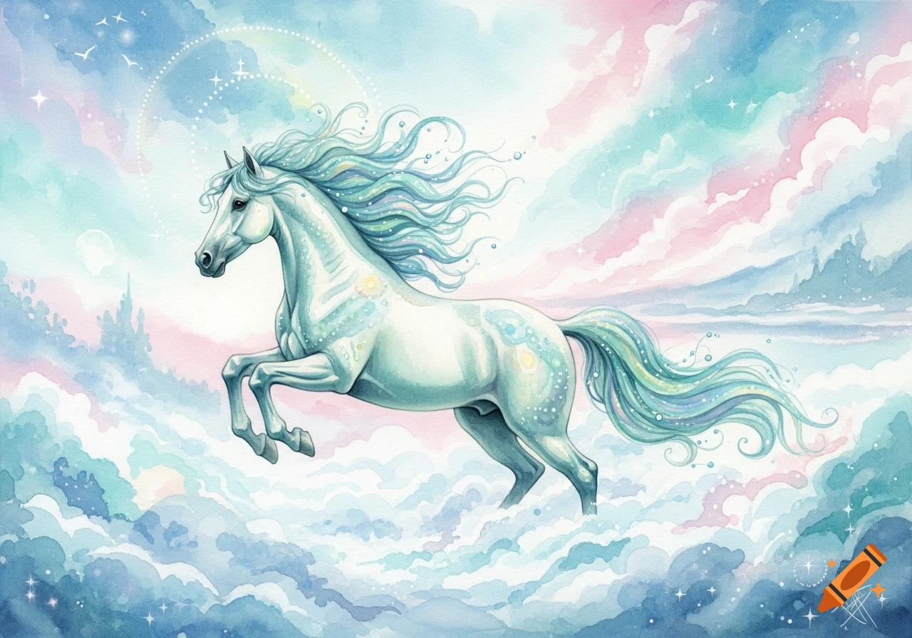 A white fantastical horse with a flowing turquoise mane and tail prances through pastel watercolor clouds, stars, and glowing patterns.