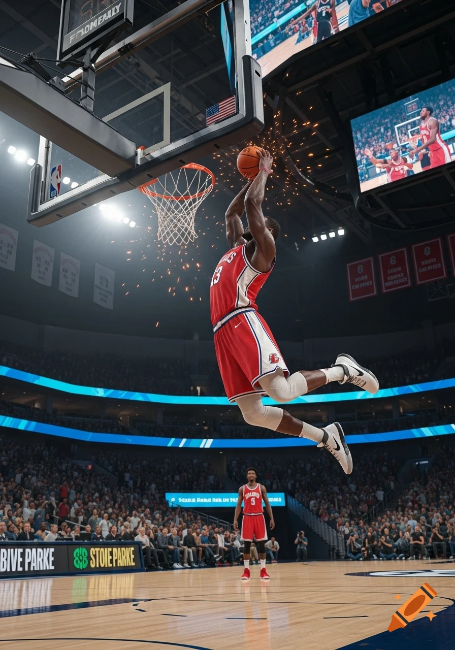 A photorealistic image of a tall basketball player in a red uniform mid-dunk, with a crowd in a brightly lit stadium.