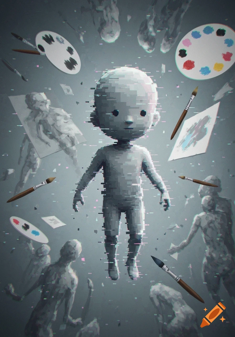 A pixelated, gray, mannequin-like child floats among paint palettes, brushes, abstract figures, and glitch effects in a digital art style.