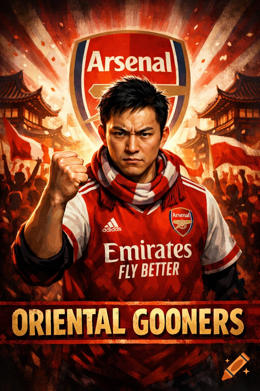 An angry East Asian male Arsenal fan raises a fist, wearing a team jersey and scarf, against a backdrop of traditional Asian buildings and a crowd, with the text "ORIENTAL GOONERS".