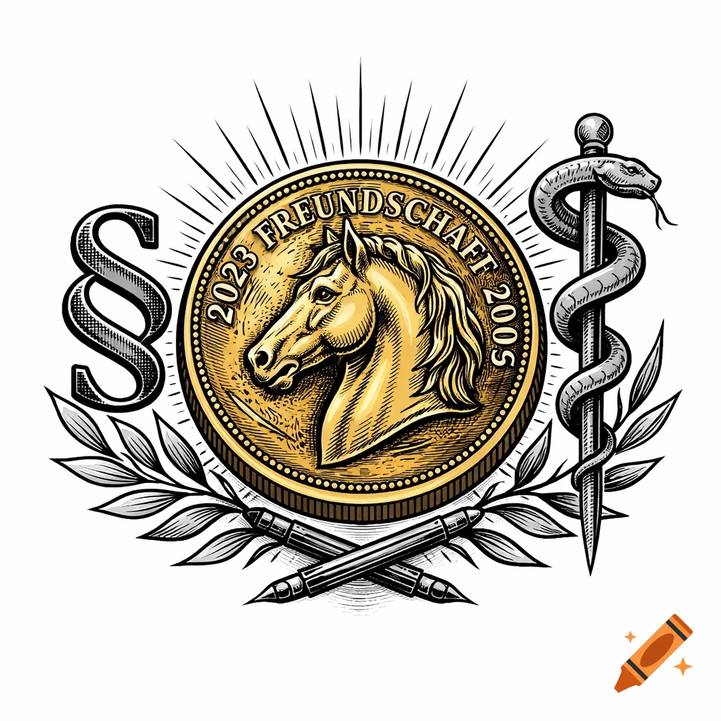 A stylized emblem featuring a golden coin with a horse head, surrounded by a silver paragraph symbol, a Rod of Asclepius, crossed pens, and olive branches. Rays emanate from behind the coin.