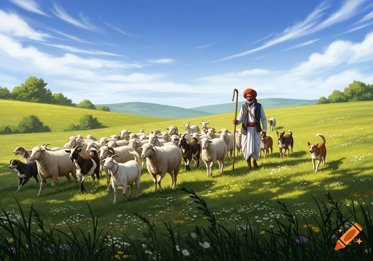 An Indian shepherd leads sheep, goats, and dogs across a sunny, green field with rolling hills, in an illustrated style.