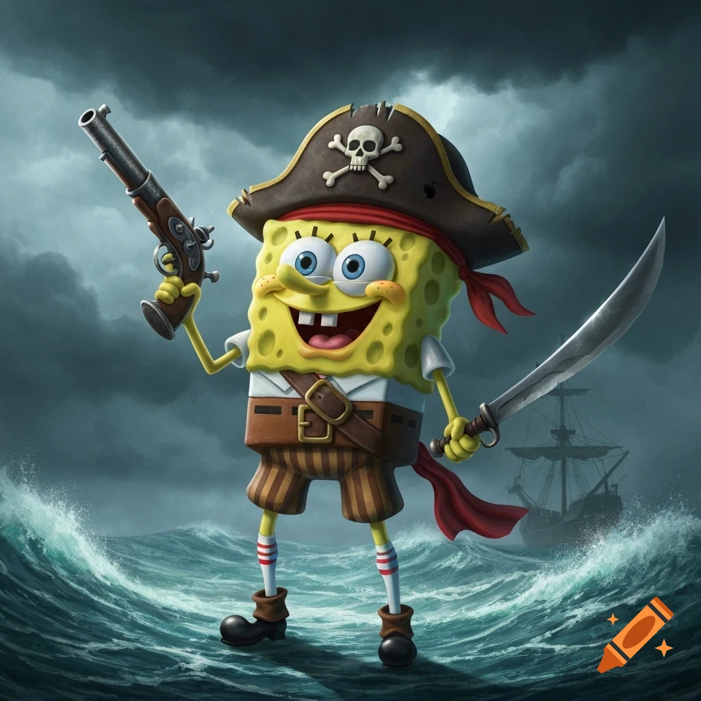Spongebob Squarepants dressed as a pirate, holding a flintlock pistol and a cutlass, standing on stormy waves with a ship in the background.