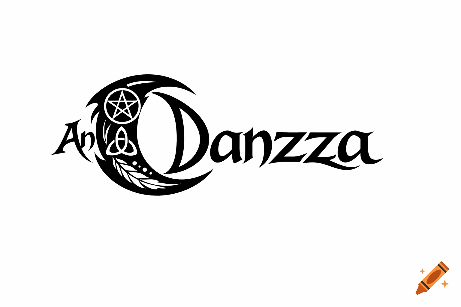Black and white tribal-style logo featuring a crescent moon, pentagram, and triskele, with the name An Danzza.