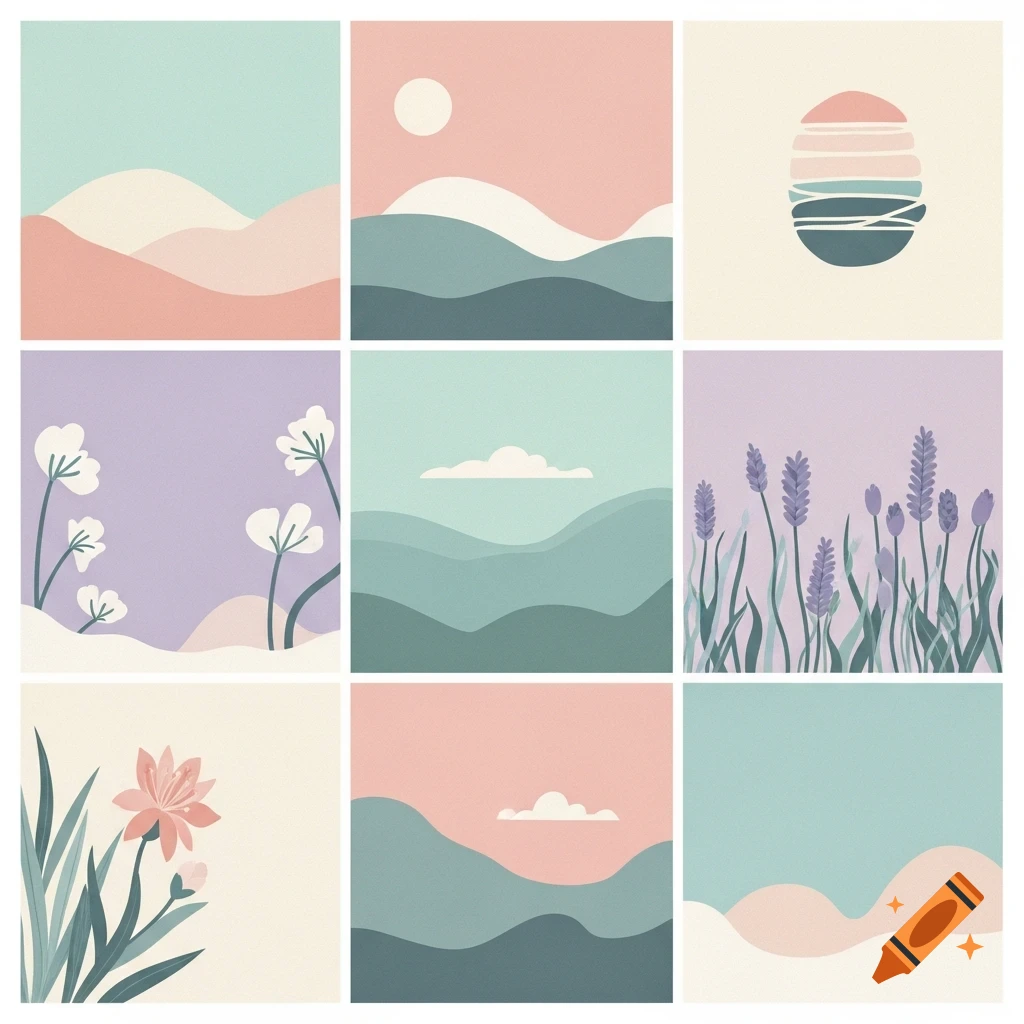 A 3x3 grid of nine minimalist graphic designs, featuring pastel landscapes, clouds, sun, and floral elements in a flat, 2D illustration style.