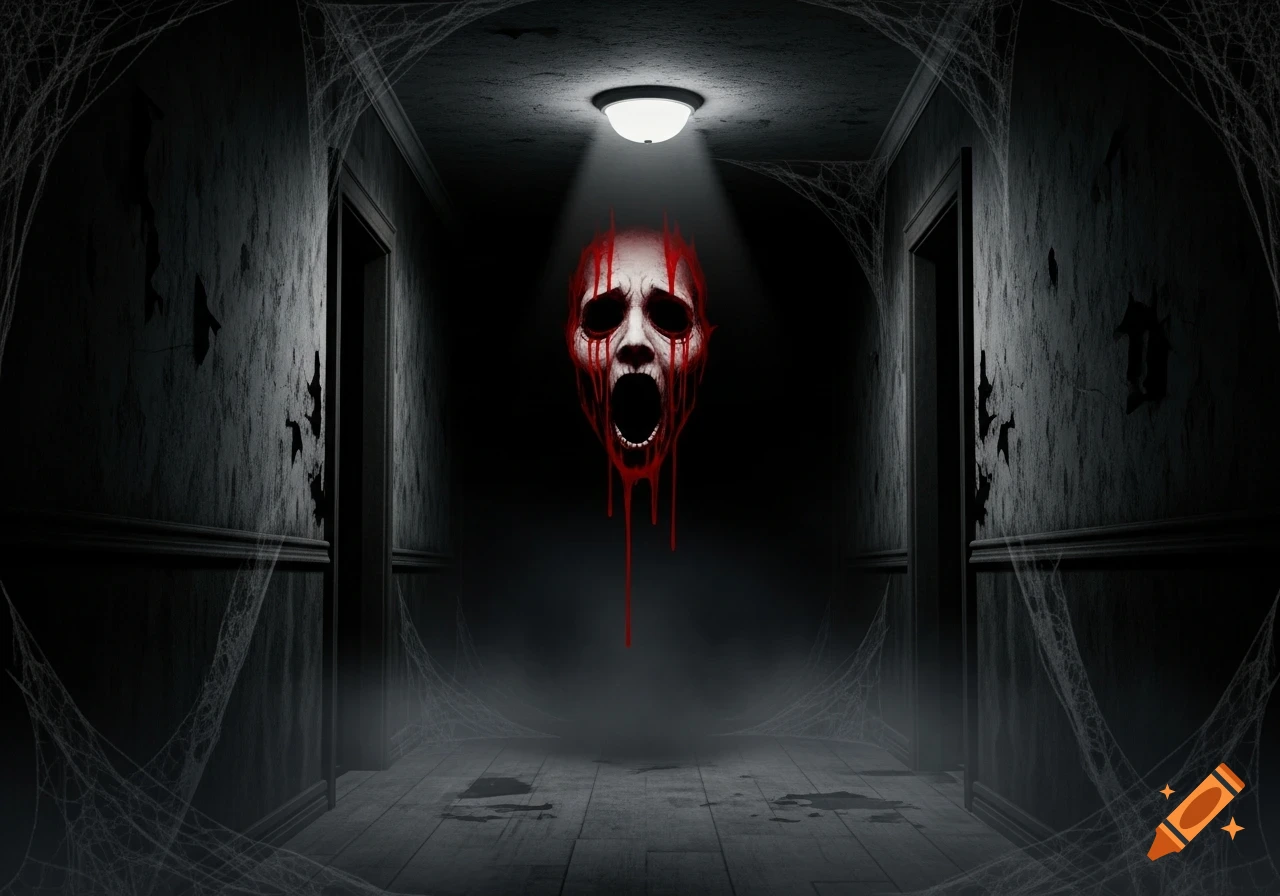 A screaming, bloody white face with dark eyes hovers in a dark, cobweb-filled hallway under a single ceiling light.