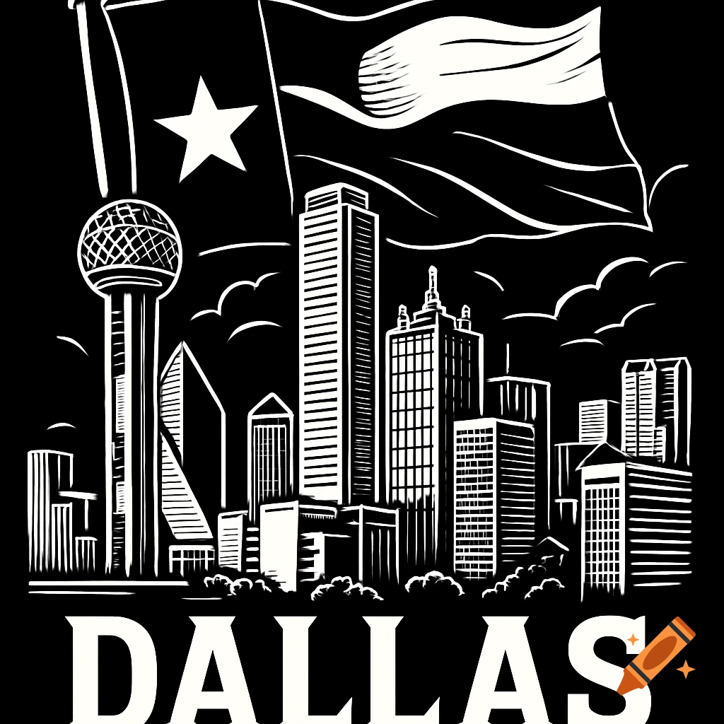 Black and white illustration of the Dallas skyline with a Texas flag, and 'DALLAS' text at the bottom.