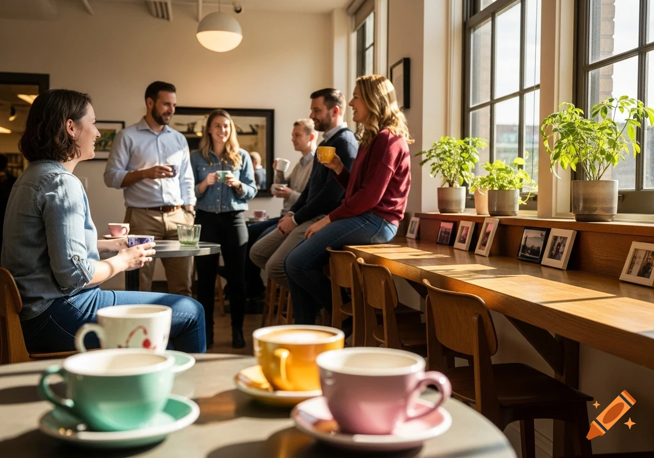 A group of colleagues enjoys an informal coffee break in a sunlit office or cafe, with several coffee cups in the foreground.