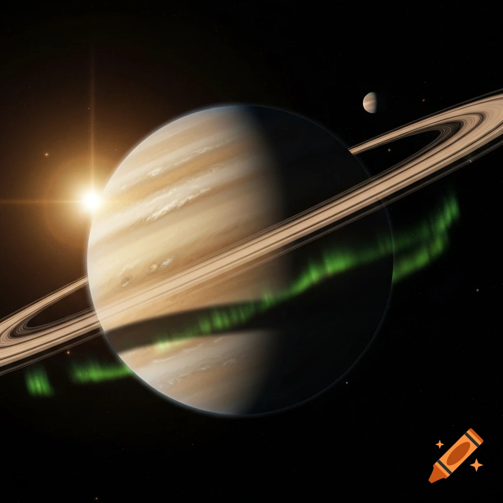 Saturn and its rings illuminated by a bright sun, with green auroras and a small moon in the distant, star-filled space.