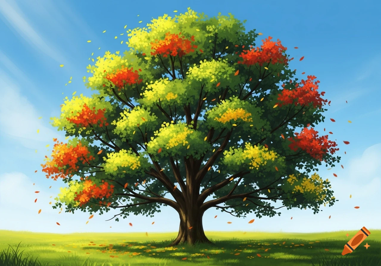 A stylized tree with green, yellow, and red leaves stands in a vibrant green field under a clear blue sky, with autumn leaves falling.