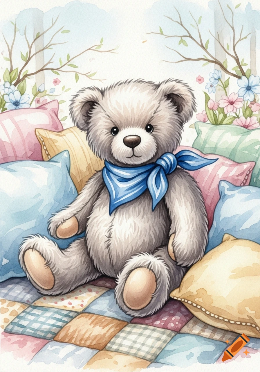Watercolor illustration of a fluffy grey teddy bear with a blue bandana, sitting on a colorful patchwork quilt with pastel pillows.