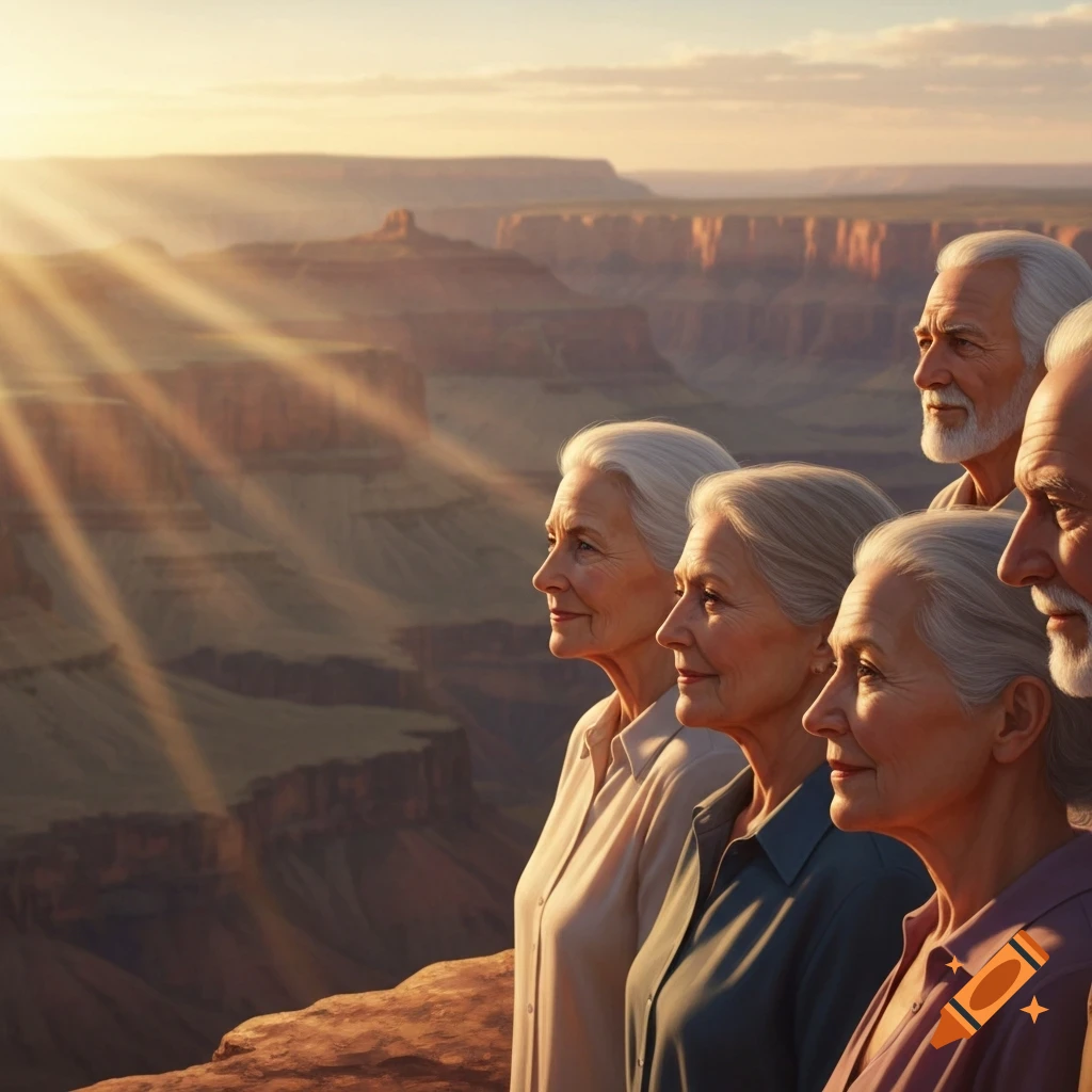 Elderly people gaze at a vast canyon landscape bathed in golden sunset light, photorealistic.
