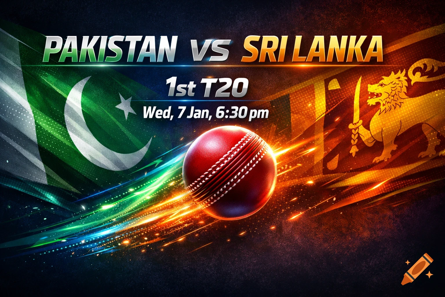 Vibrant banner for a Pakistan vs. Sri Lanka 1st T20 cricket match with flags, a cricket ball, and event details.