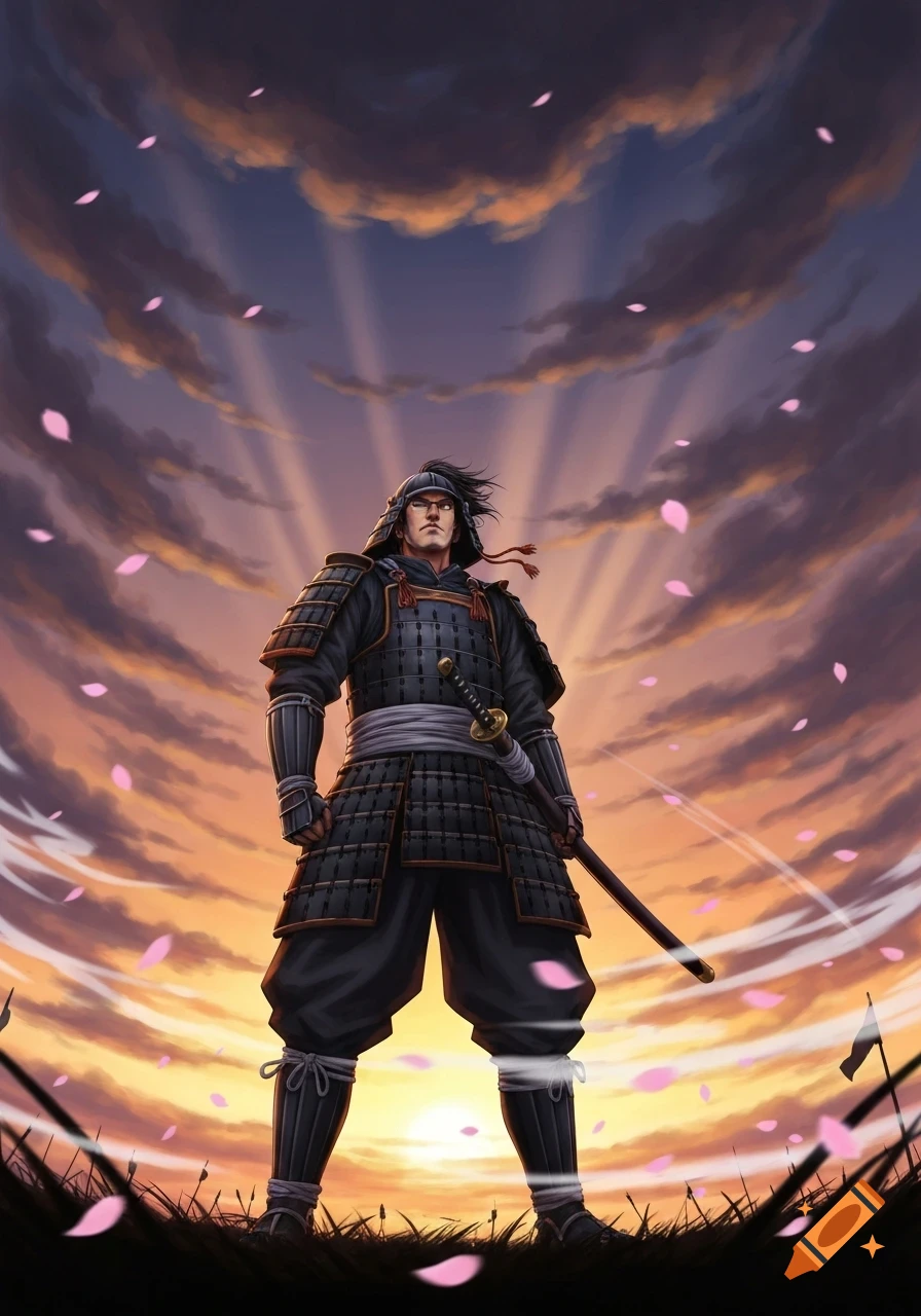 An illustrated samurai warrior in black armor stands against a dramatic sunset sky with falling pink cherry blossoms.