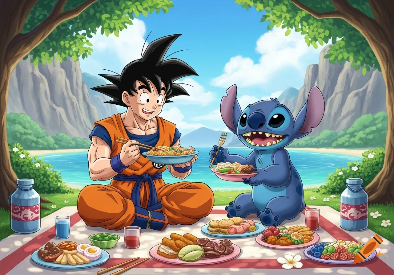 Goku and Stitch enjoy a picnic by the water under a tree, with mountains in the background, in a colorful cartoon style.