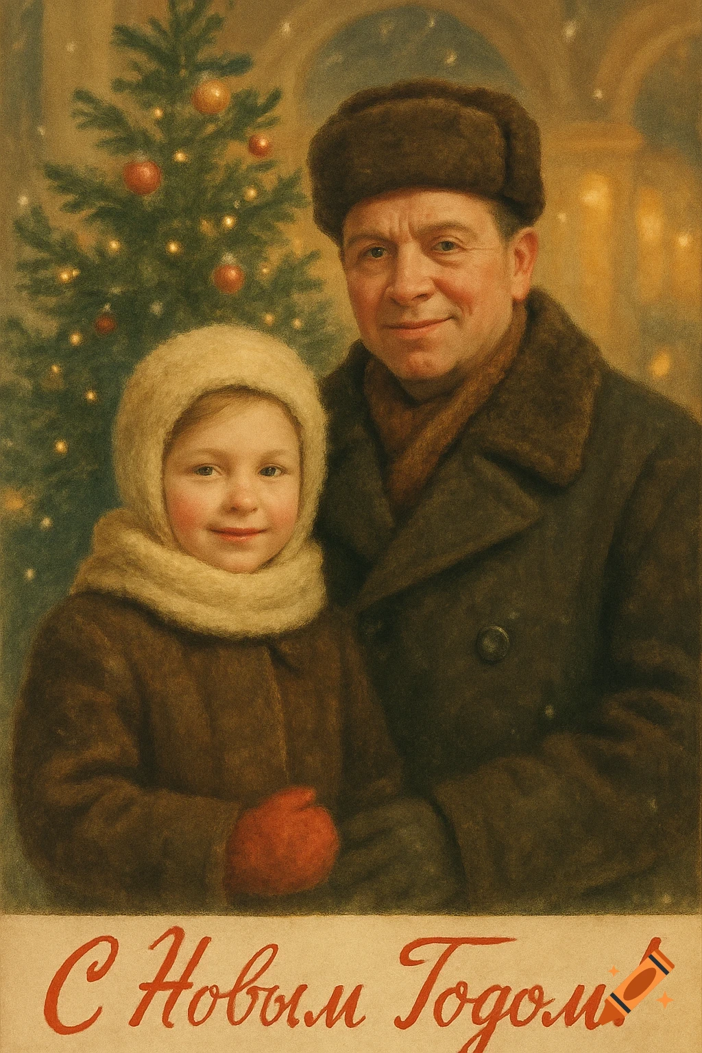 A vintage Soviet-style Christmas illustration of an adult man and a child in winter clothing, standing by a decorated Christmas tree with "Happy New Year!" text.