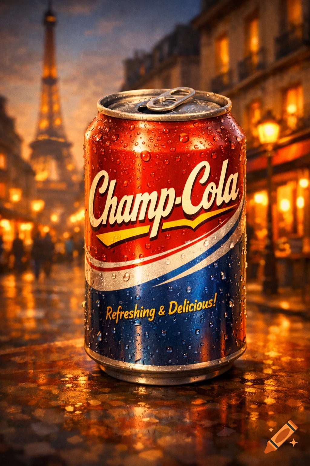 Photorealistic close-up of a red and blue 'Champ-Cola' can covered in water droplets, set in a blurry, illuminated Paris street with the Eiffel Tower.