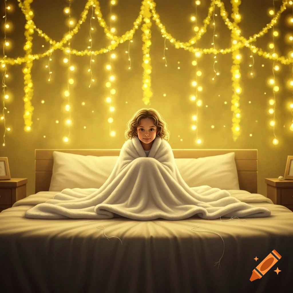 A young child wrapped in a white blanket sits on a bed adorned with golden fairy lights, looking at the viewer.