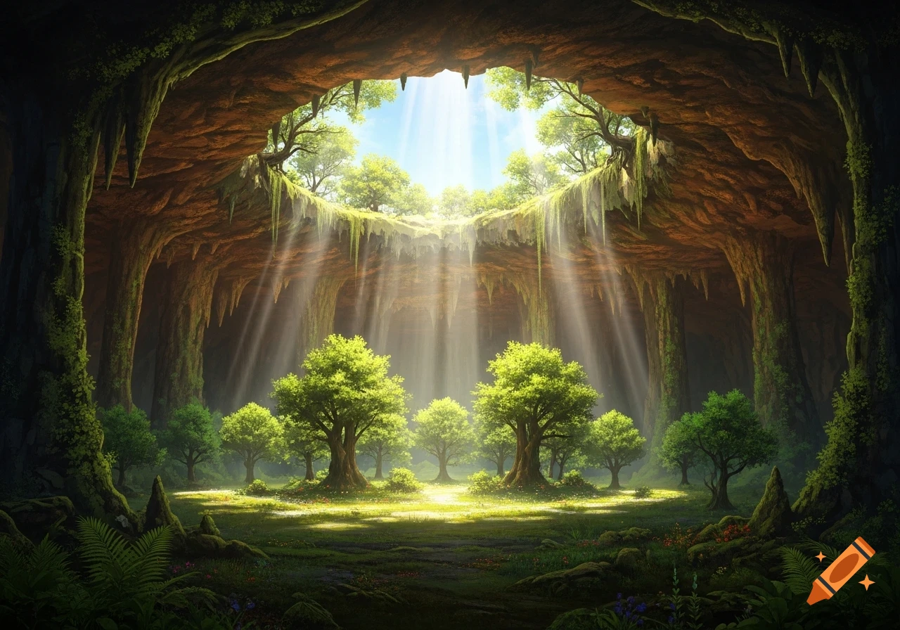 A sunlit cavern with lush trees and moss on the cave walls, light rays streaming from a large opening in the ceiling, fantasy art.