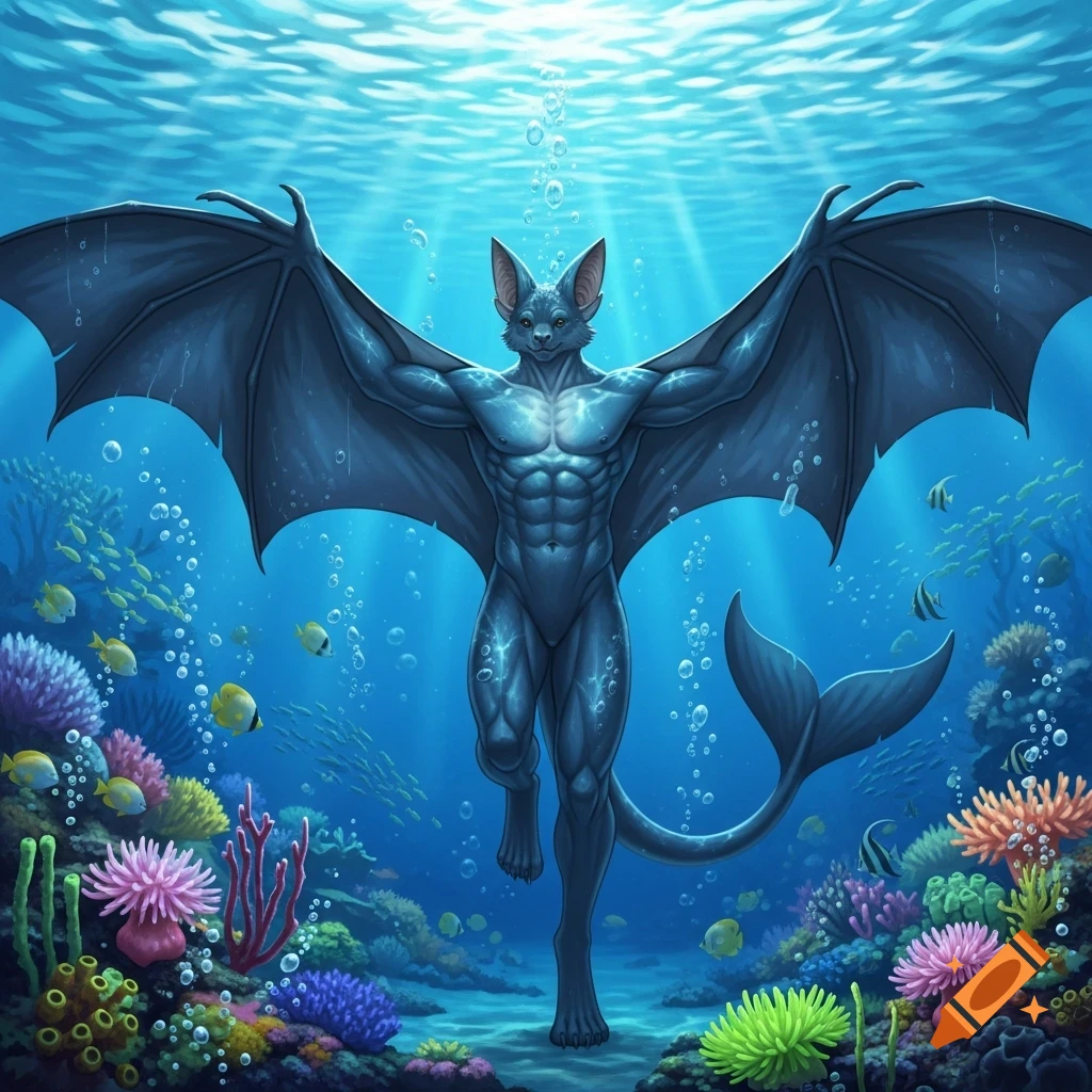 A muscular anthro bat-dolphin man with large wings and a tail stands on the ocean floor, surrounded by vibrant coral and fish, with light rays from the surface.