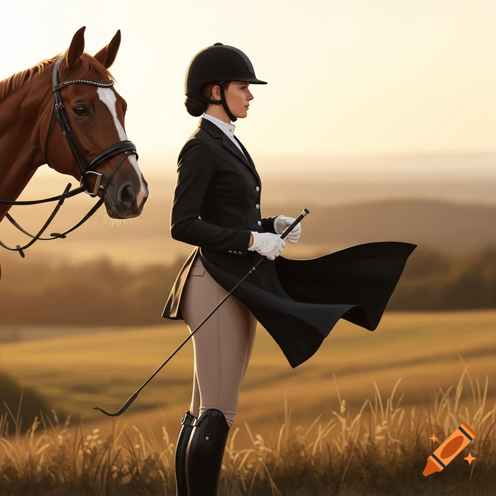 A female equestrian in formal attire stands next to a horse in a golden field at sunset, holding a riding crop.