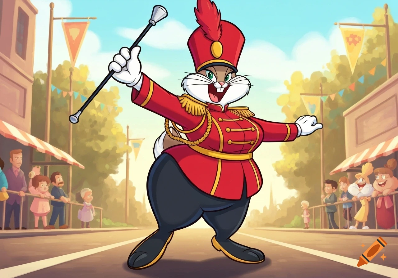 Cartoon Babs Bunny, a rabbit in a red marching band uniform, marches and twirls a baton in a street parade.
