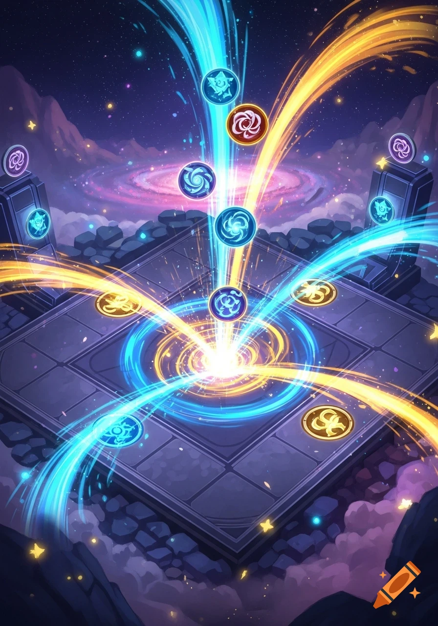 An isometric view of a magical game board with glowing blue and yellow energy streams, orbs with unique symbols, and a starry, cosmic background.