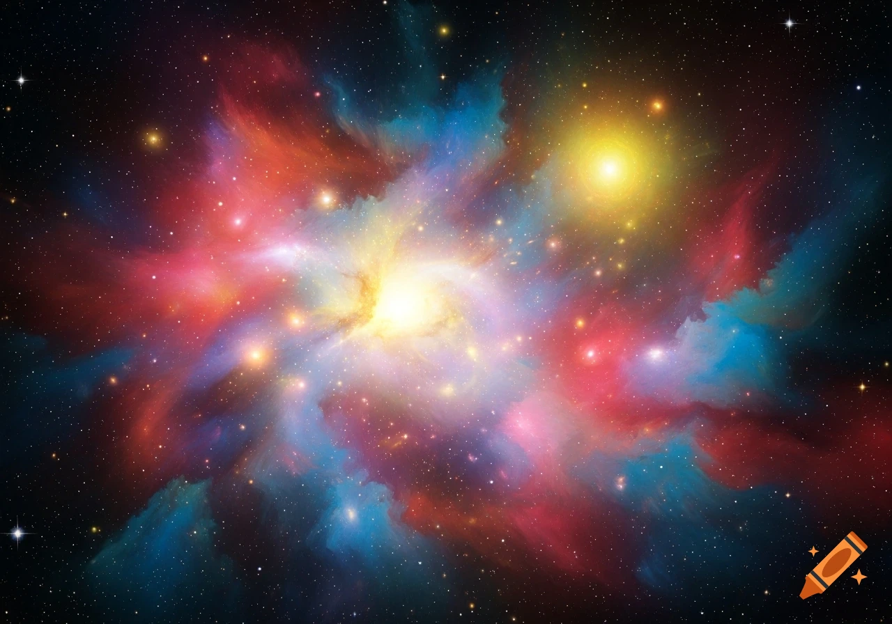 A vibrant, multi-colored nebula with glowing stars and gas clouds in deep space, rendered with artistic flair.