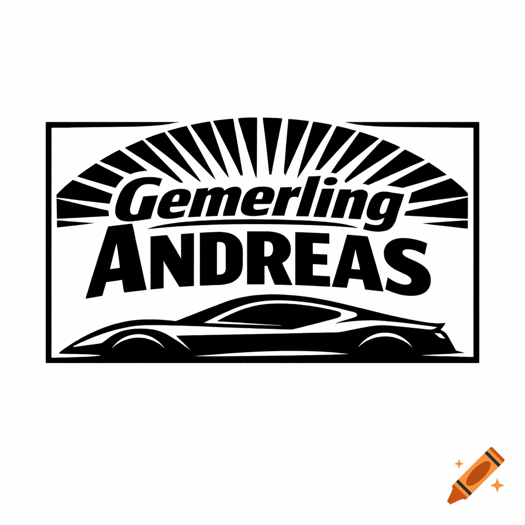 Black and white logo featuring 'Gemerling Andreas' text, radiating sun rays, and a sports car silhouette within a rectangular frame.