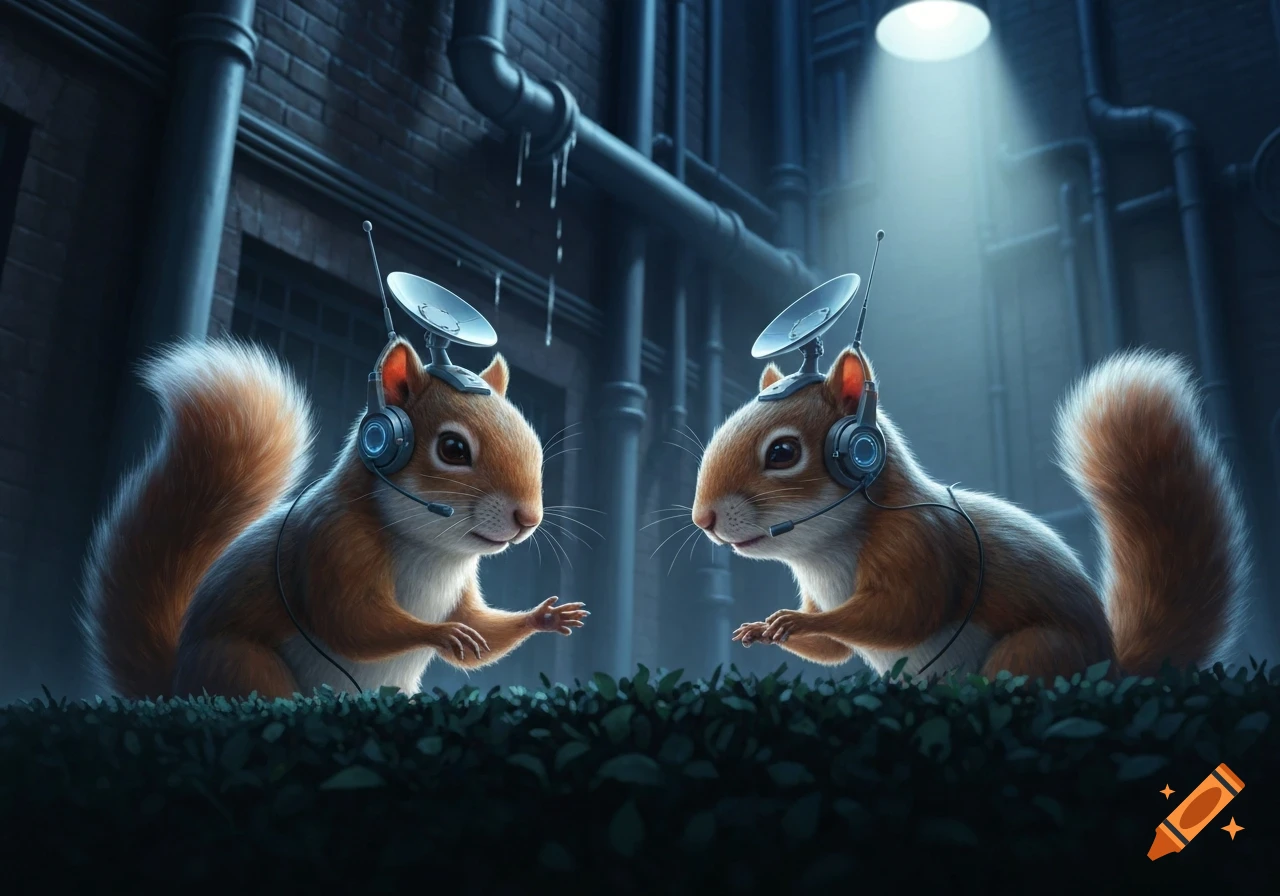 Two secret agent squirrels with headsets and parabolic dishes communicate in a dark, gritty alley under a spotlight, digital art.