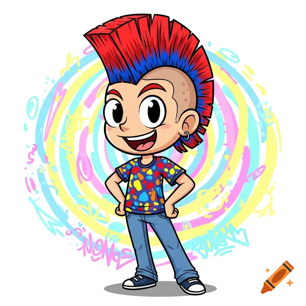 Cartoon boy with a red and blue mohawk, colorful shirt, and jeans, smiling against a vibrant, scribbled background.