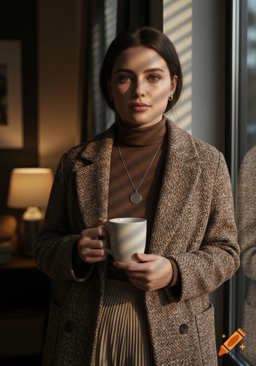 A photorealistic portrait of a young woman in a brown coat and turtleneck, holding a white mug by a window, with warm window light.