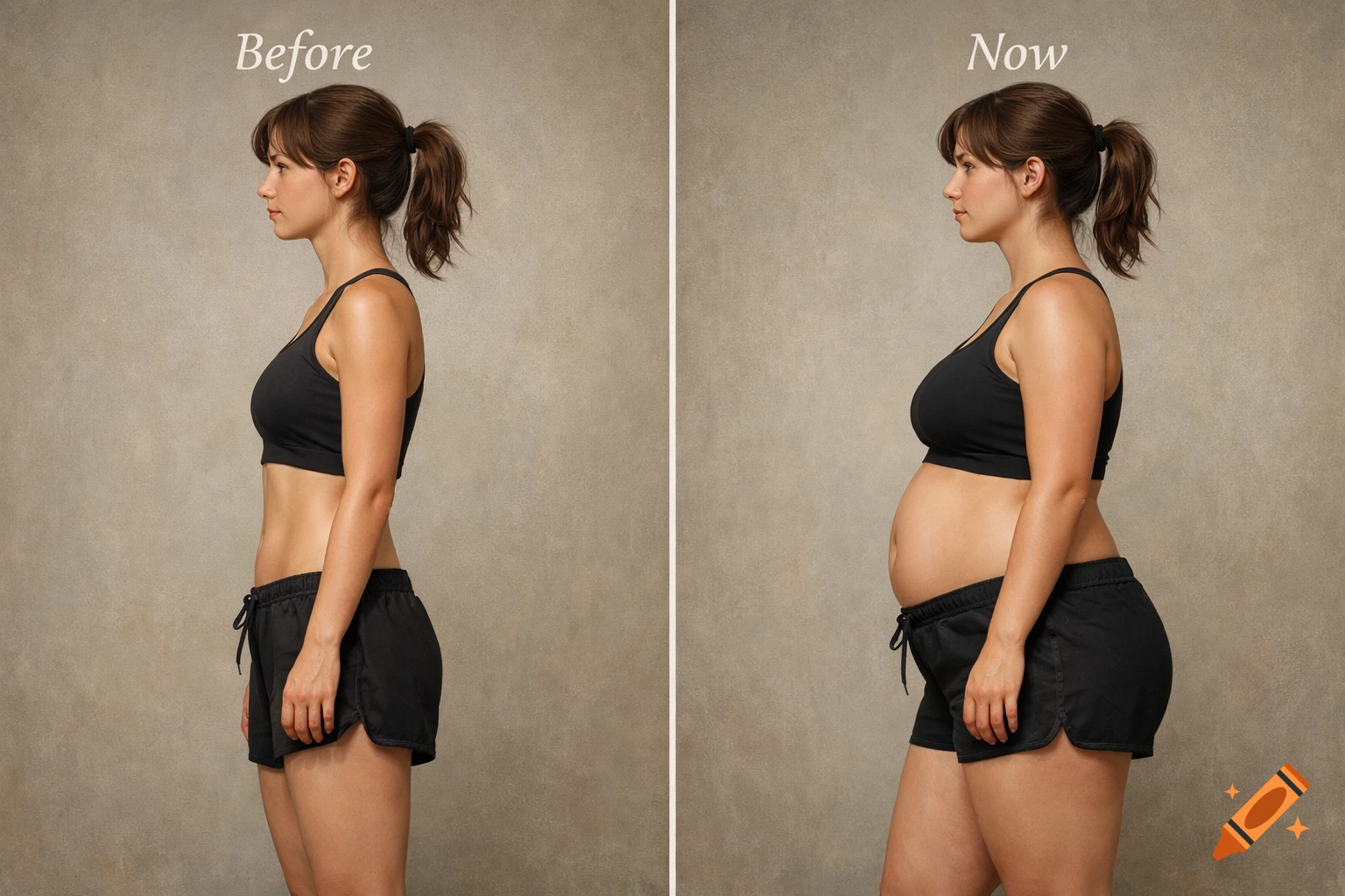 Photorealistic side-by-side comparison of a woman's body: a slimmer 'Before' on the left and a pregnant 'Now' on the right.