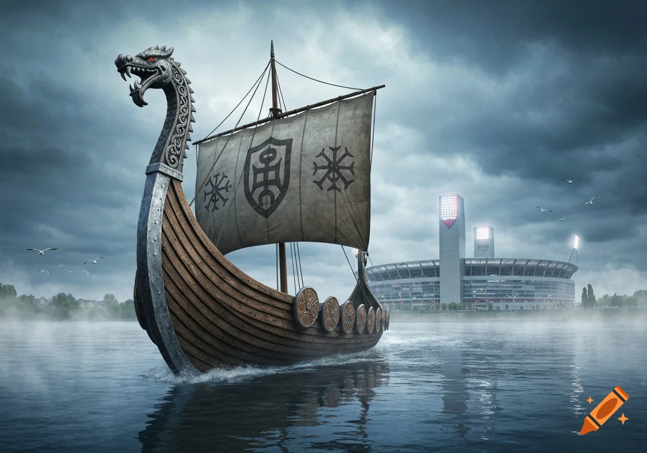 A majestic Viking longboat with a dragon figurehead sails on a river towards a large, modern stadium under a dramatic, cloudy sky.