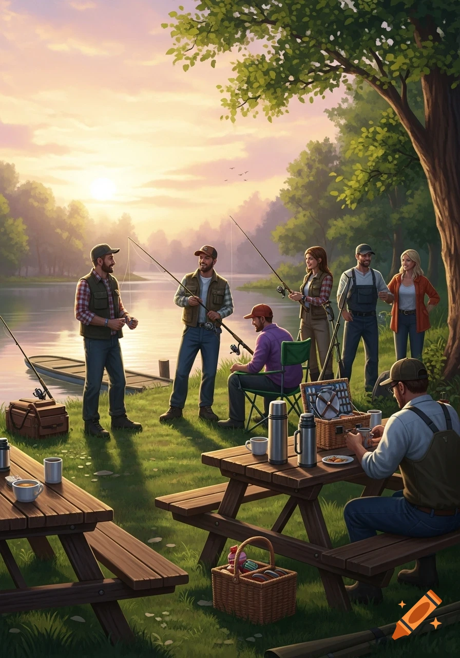 An illustrative scene of people fishing and picnicking by a lake at sunset, surrounded by trees.