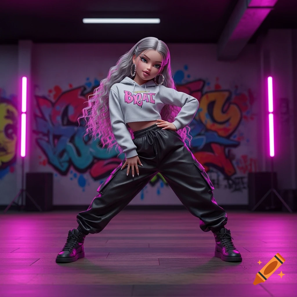 A doll-like woman in a gray crop hoodie, black cargo pants, and sneakers, striking a dynamic hip-hop pose in an urban studio with graffiti walls and pink neon lights.